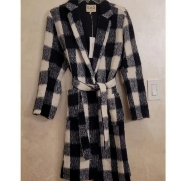 NWT SEA NEW YORK GINGHAM WOOL BLEND BELTED COAT - Picture 4 of 8